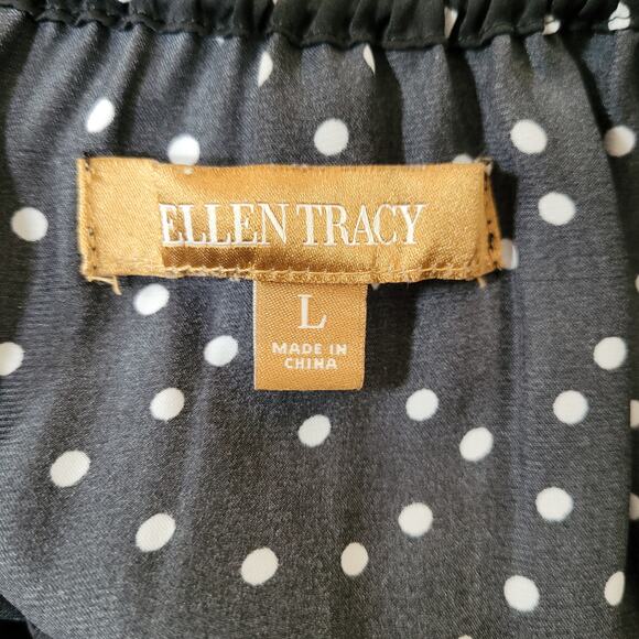 Ellen Tracy Women's Black Polka Dot Smocked Waist Blouse Top Scoop Neck Large - Picture 8 of 10